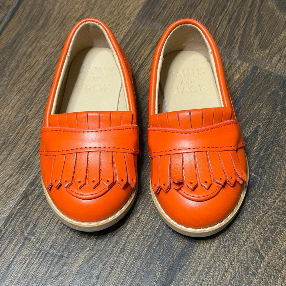 Janie and Jack orange leather fringe loafers size 4 New